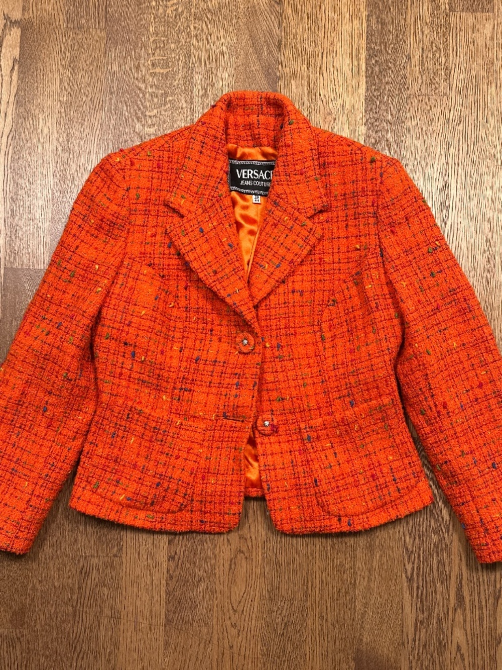 Vintage 90s Versace Jeans Couture Orange Wool Tweed Jacket Blazer Womens IT 44